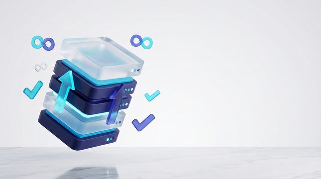 3D visualization of scalable storage dashboard with floating glowing cubes and performance metrics