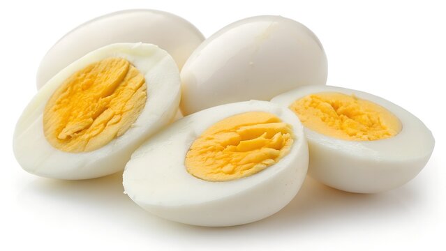 Boiled chicken eggs with white shell cut in half showing yellow yolk