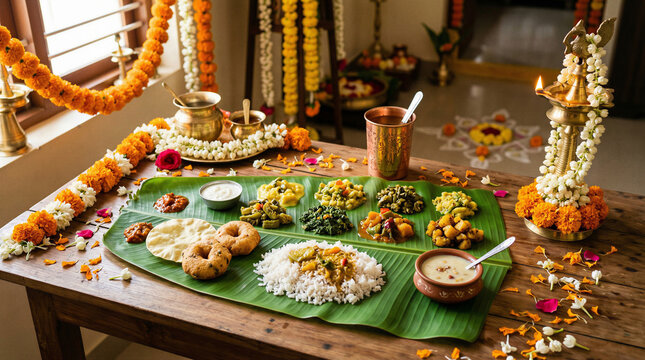 Onam sadhya traditional feast serving on banana leaf