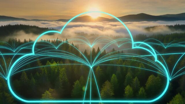 Cloud computing network over a misty forest at sunrise, symbolizing sustainable technology and environmental data solutions.