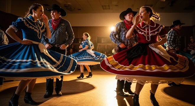 Group of square dance performers in colorful costumes with swirling skirts and cowboy hats dancing energetically under warm stage lighting.
