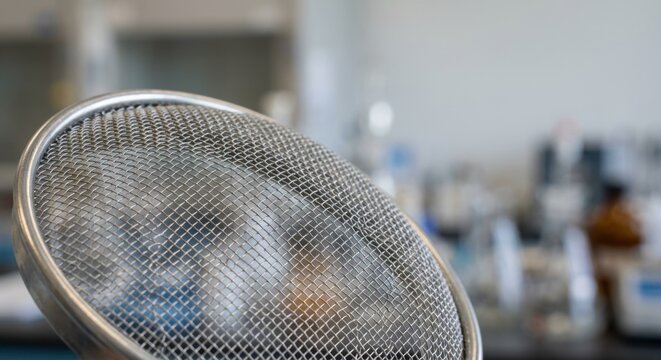 Close up of a metal mesh strainer for kitchen use, highlighting its fine texture and intricate pattern