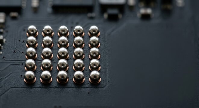 Close up of shiny metallic pins on a dark electronic circuit board, showcasing advanced computer hardware detail.