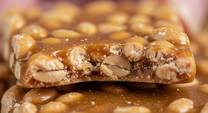 Macro close-up of homemade peanut brittle candy bar showing caramel and whole roasted peanuts. Traditional Brazilian pa&ccedil;oca-style sweet.
