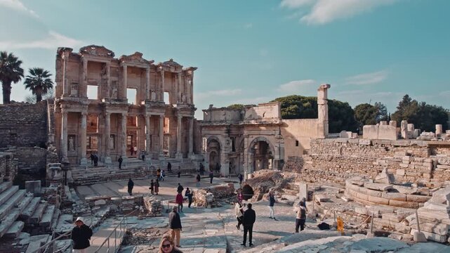 Wide cinematic view of the Library of Celsus in the ancient city of Ephesus, Izmir, Turkey. Iconic Roman ruins, historic architecture and travelers under clear daylight sky and palm trees.