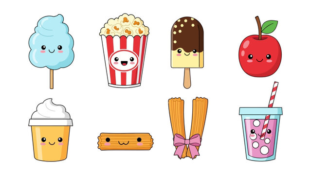 Kawaii food and snack sticker set featuring cute popcorn cotton candy ice cream and churros vector illustration