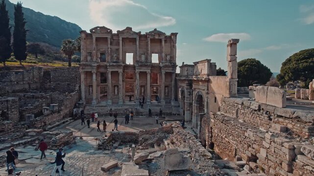 Wide cinematic view of the Library of Celsus in the ancient city of Ephesus, Izmir, Turkey. Iconic Roman ruins, historic architecture and travelers under clear daylight sky and palm trees.