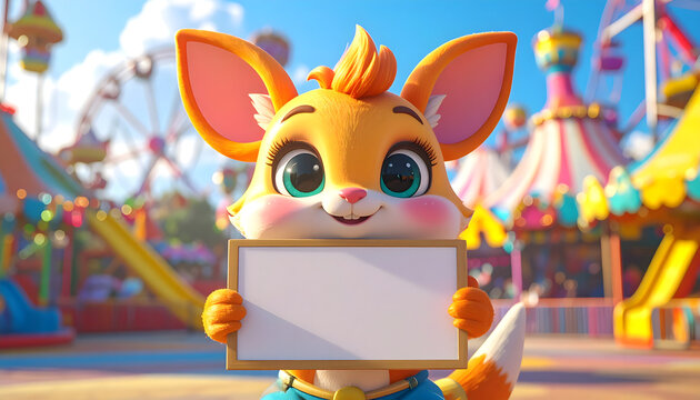 A cartoon mouse holds a sign in front of an amusement park ride on a sunny day with blue skies.