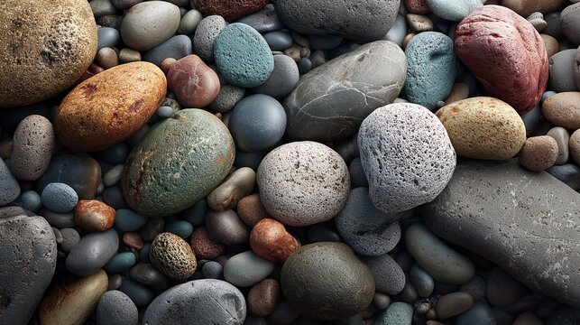 Colorful smooth river stones in various sizes and shapes close-up natural background pattern