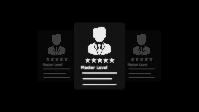 Master level achievement card animation for professional gaming UI milestone, leaderboard digital identity five stars status card competency upgrade skills.