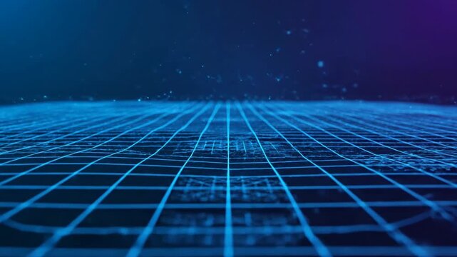Glowing blue grid structure with a dark blue gradient backdrop. A perspective view of neon lines
