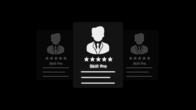 Abstract business personnel card featuring skill pro assessment stats expert level, professional status achievement badge user interface rating stars performance evaluation.