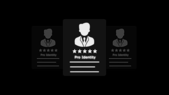 Professional pro identity card with five star rating for business UI  UI, competency level recruitment tool human resources expert level infographic icon. 