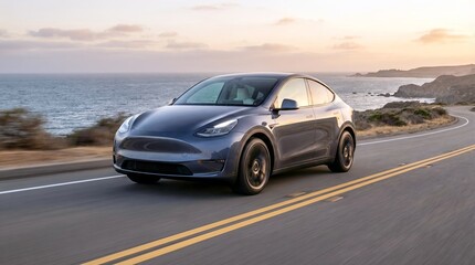 Obraz premium Sleek car driving along scenic coastal road at vibrant sunset