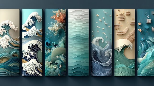 Diverse Set of Ocean Waves and Sea Patterns Including Tsunami Surges Calm Water Ripples and Marine Elements