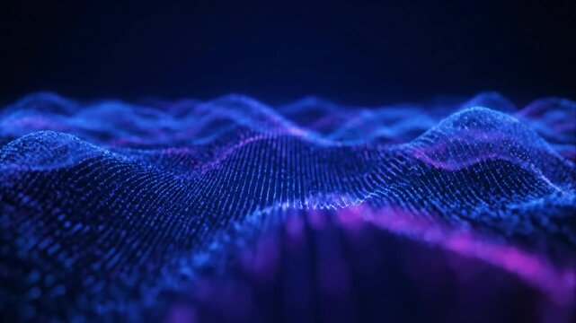 Glowing wavy lines, blue and purple, digital art. Abstract, technological design
