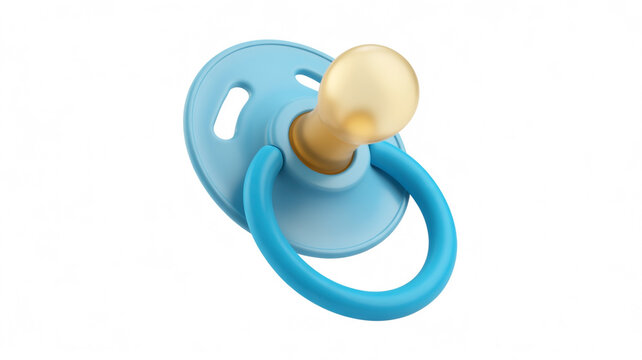 Soft pacifier with blue ring and beige teether for babies isolated on white background