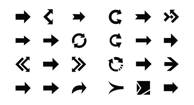 Collection of black arrow icons displaying different directions silhouette
