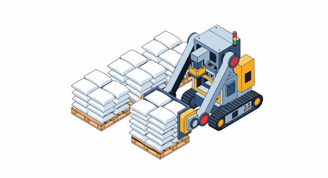Isometric Industrial Robotic Palletizer Stacking White Bags on Wooden Pallets for Automated Warehouse and Logistics