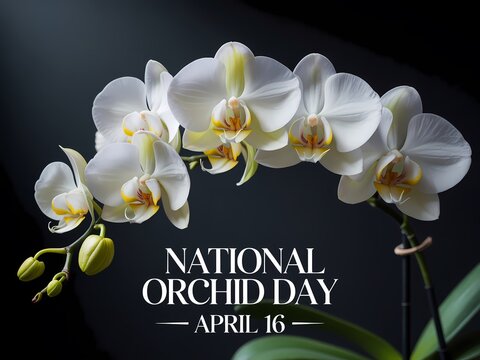 White orchid flowers on a stem with green leaves on national orchid day april 16