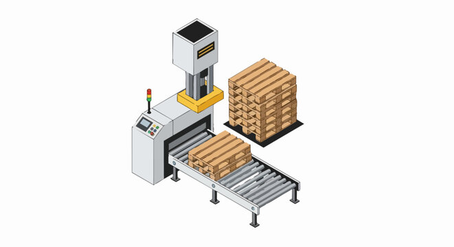 Isometric Industrial Automated Palletizer Machine with Conveyor Belt and Wooden Pallets, Logistics and Warehouse Automation Illustration on White Background
