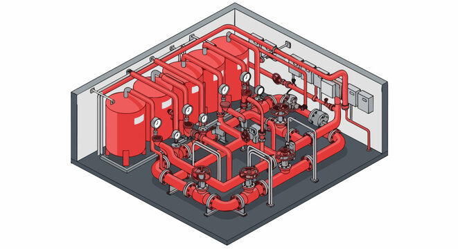 Isometric Fire Suppression System and Industrial Pump Room Illustration with Red Pipes and Storage Tanks