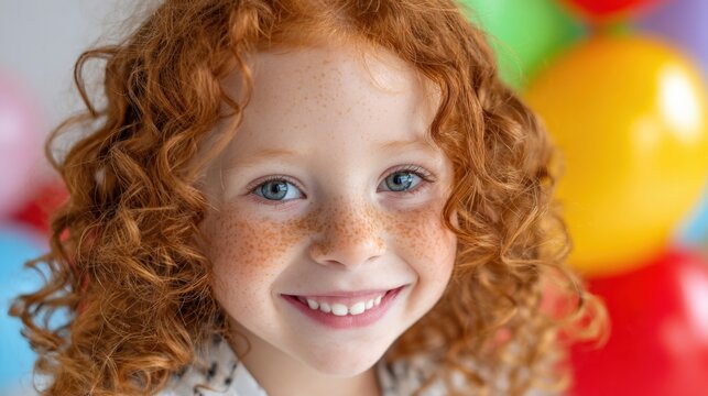 Smiling caucasian redhead child amidst colorful birthday balloons