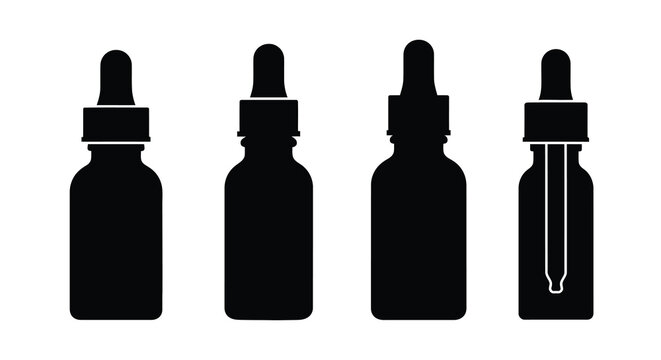 Four black dropper bottles arranged in a row a stark silhouette