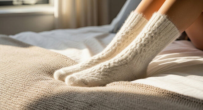 Fluffy socks on bed