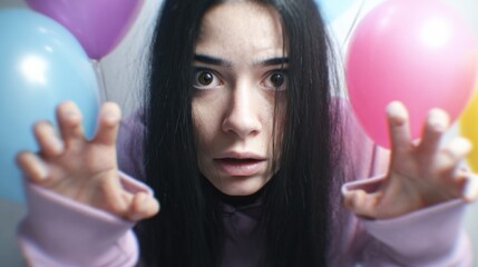 Naklejka premium Young caucasian female surprised among colorful balloons