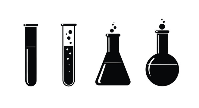Four laboratory beakers with varying liquids a striking silhouette