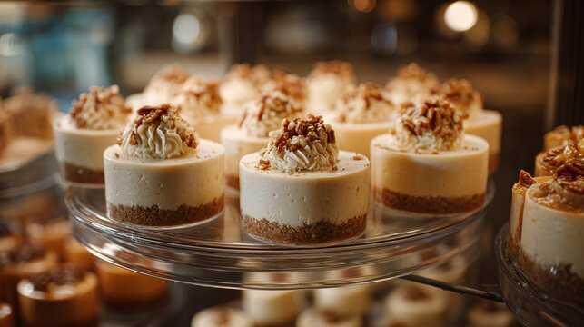 A bakery display scene with multiple butter pecan cheesecakes arranged neatly in a glass case