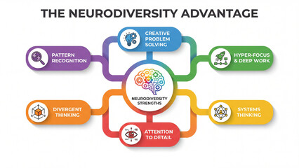 Neurodiversity advantage concept diagram illustrating cognitive strengths including creative problem solving pattern recognition divergent thinking systems thinking attention to detail and deep focus
