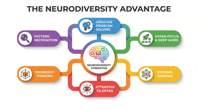 Neurodiversity advantage concept diagram illustrating cognitive strengths including creative problem solving pattern recognition divergent thinking systems thinking attention to detail and deep focus