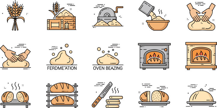 Bread baking process icons set with dough kneading fermentation oven baking and tools, bakery workflow vector collection isolated on white background