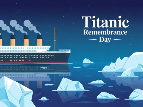 Illustration of rms titanic ship surrounded by icebergs on a dark blue ocean at night for remembrance day
