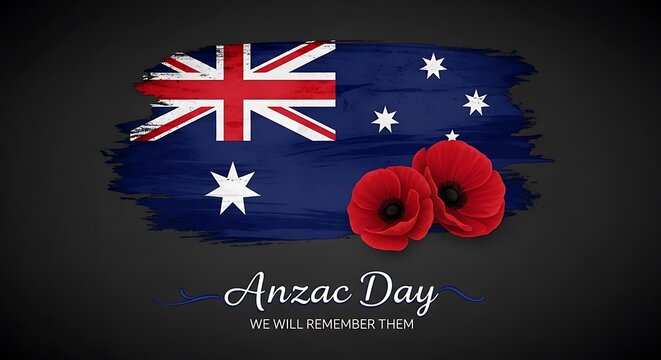 Anzac Day commemorative banner with Australian flag, red poppy flowers on black background, Lest We Forget remembrance day graphic