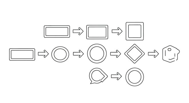 Geometric shapes transforming into a house icon through a sequential flowchart