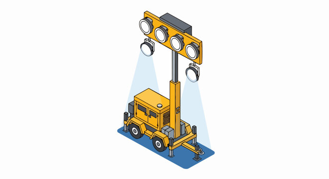 Isometric 3D Illustration of a Portable Mobile Light Tower with Diesel Generator for Construction Sites and Outdoor Events