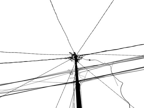 Silhouette of an electric power pole with messy tangled cables against a white background. Industrial utility infrastructure in a minimalist style.
