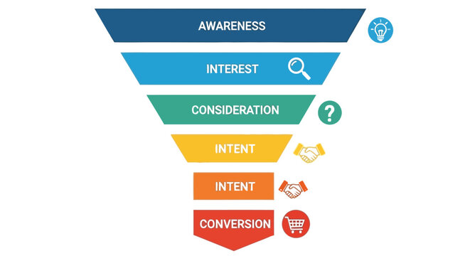 Marketing funnel illustrating stages from awareness to conversion with icons