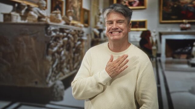 Man smiling with hand on chest in museum gallery beside ornate sarcophagus and framed paintings, wearing cream sweater; gratitude reflection.