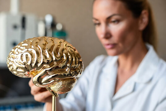 A woman in a lab coat is examining a golden model of a human brain.