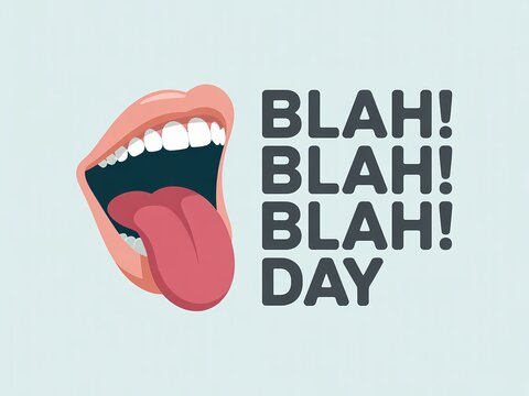 A graphic illustration of an open mouth with tongue out saying blah blah blah on light blue background