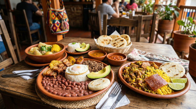 Colombian food bandeja paisa sancocho and arepas on wooden table