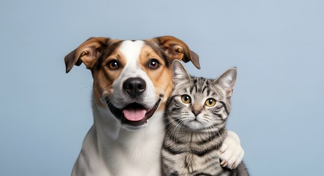 Adorable dog and tabby cat smiling with open eyes against a blue backdrop. A perfect banner for pet care, veterinary services, or animal happiness during the spring season