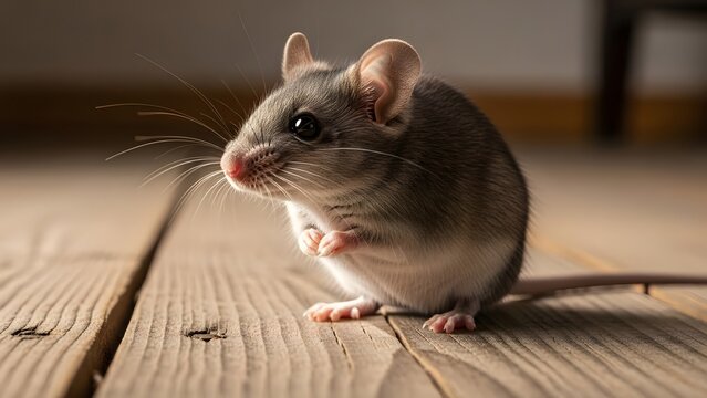 A small gray mouse with large ears sits on a wooden floor, looking attentively to the side, with its tail extended