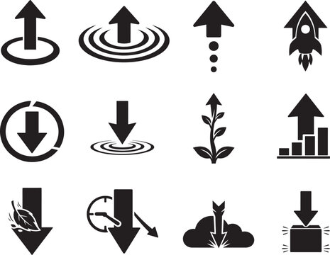 Clean increase decrease arrow icon set for finance analytics charts isolated background