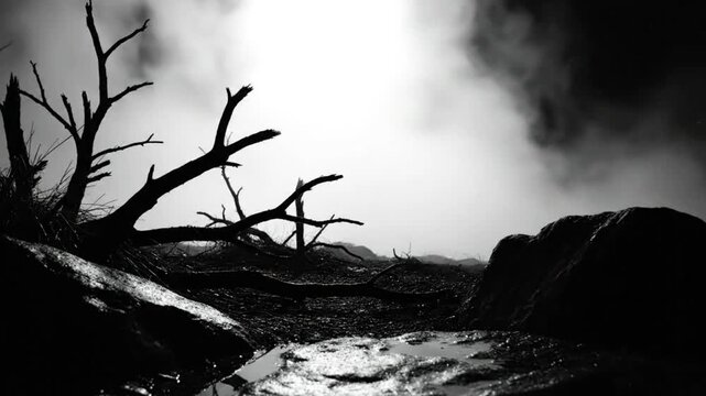 Black and white desolate landscape with twisted branches and vaporous clouds, cinematic scene