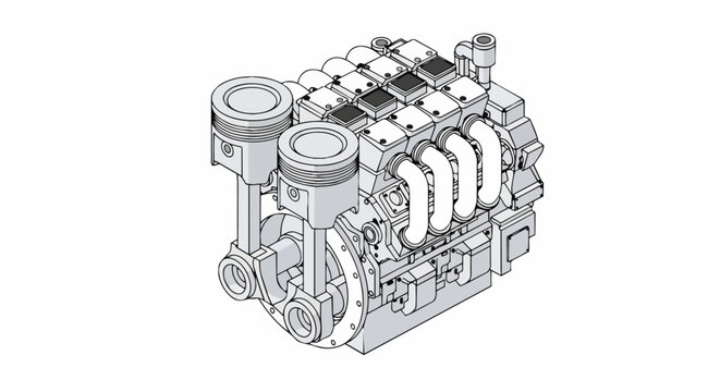 Isometric Technical Illustration of an Internal Combustion Engine with Exposed Pistons and Mechanical Components